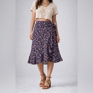 Band of the Free Linaelle Purple Floral Wrap Midi Skirt Boho Viscose Size M